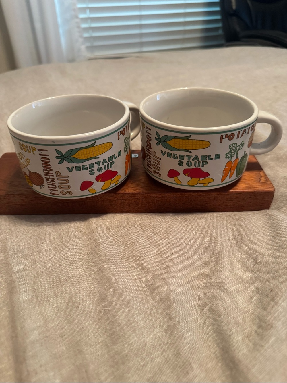 Vintage White Ceramic Vegetable Soup Mugs with Colorful Veggie Graphics-1970